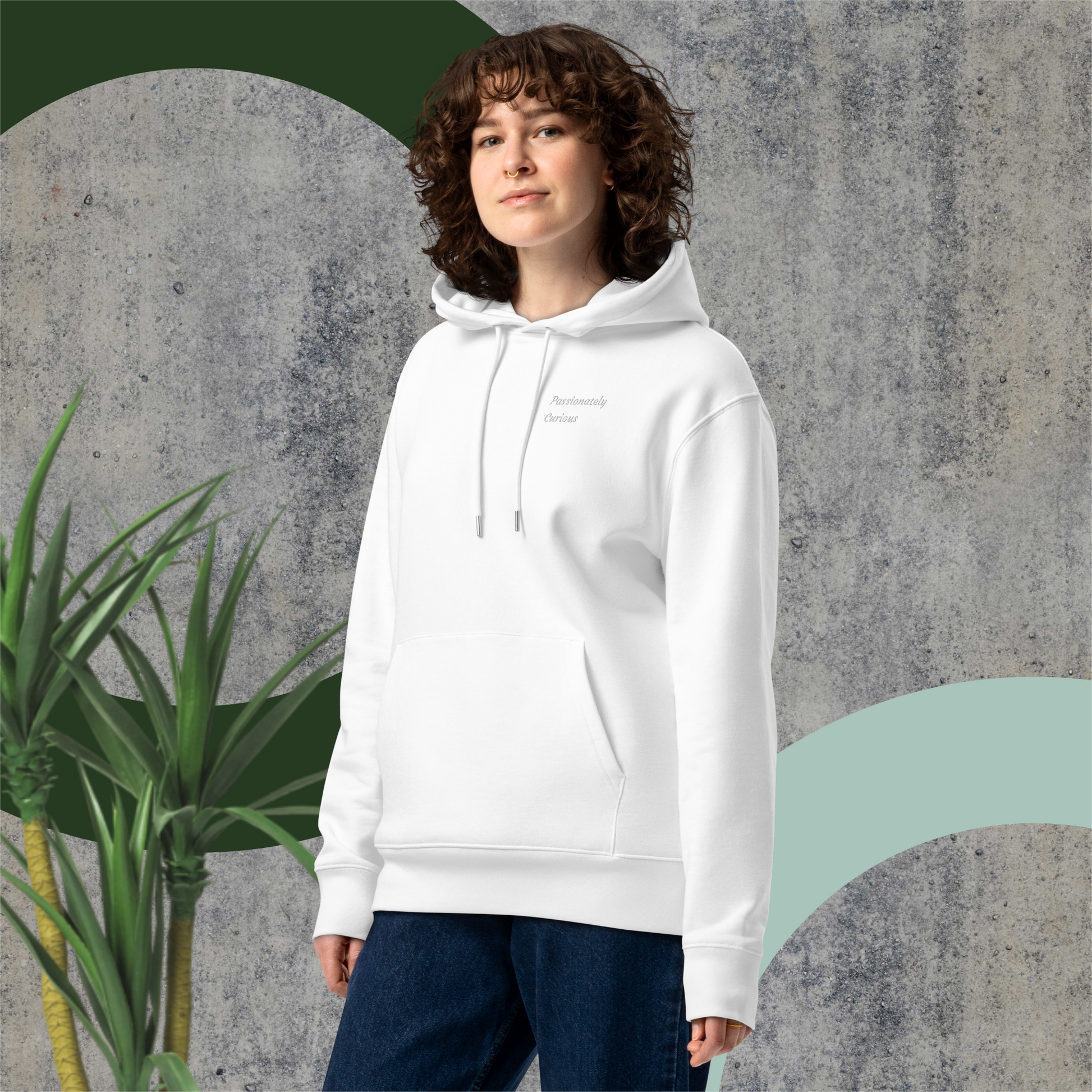 Unisex Motivational and Minimalist Eco Hoodie White Passionately Curious